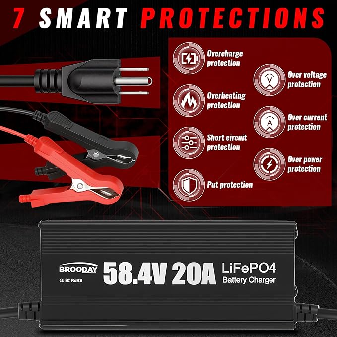 48V 20A LiFePO4 Battery Charger, 58.4V Lithium Battery Charger, Fast Charging, Over-Current and Over-Voltage Protection for 48V Lithium Iron Phosphate Batteries