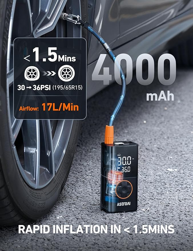 AstroAI L7 Tire Inflator Portable Air Compressor Cordless Mini Bike Pump with Digital Dual Values Display, 150 PSI Car Tires Air Pump with LED Lights&Pressure Gauge for Auto, Motorcycles, Bikes, Balls