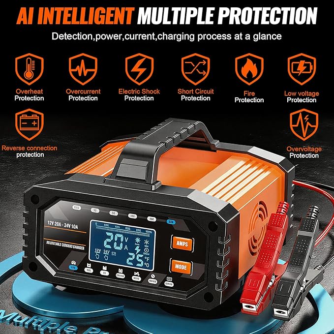 Auto Battery Charger 20A 12V/24V Adjustable Current 0.5A-20A LiFePO4 Lead Acid Fully Automatic Battery Maintainer, Trickle Charger with Pulse Repair, Winter Mode, for AGM Gel Deep Cycle Batteries