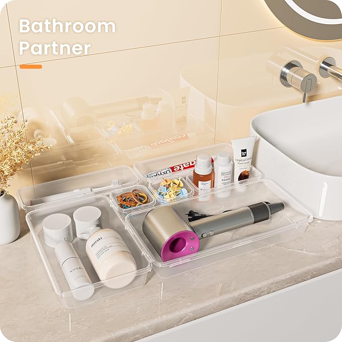 【Military Grade】A-LuGei Drawer Organizer,【𝟱𝗦𝗶𝘇𝗲】Makeup organizer,【Holds 177 Items】Bathroom Organizers and Storage,Organization and Storage,Desk Drawer Organizer for Vanity【Clear】