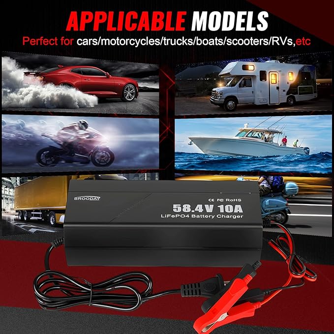 48V 10A LiFePO4 Battery Charger, 58.4V Lithium Battery Charger, Fast Charging, Over-Current and Over-Voltage Protection for 48V Lithium Iron Phosphate Batteries