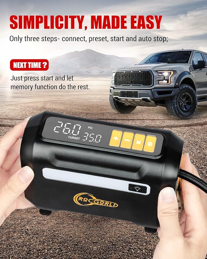 ROCGORLD R8 Tire Inflator Portable Air Compressor, DC 12V Portable Air Compressor with Large Dual Digital Screen, 3X Faster Inflation Portable Air Pump for Car Tires, Bike, Motor - Car Accessories