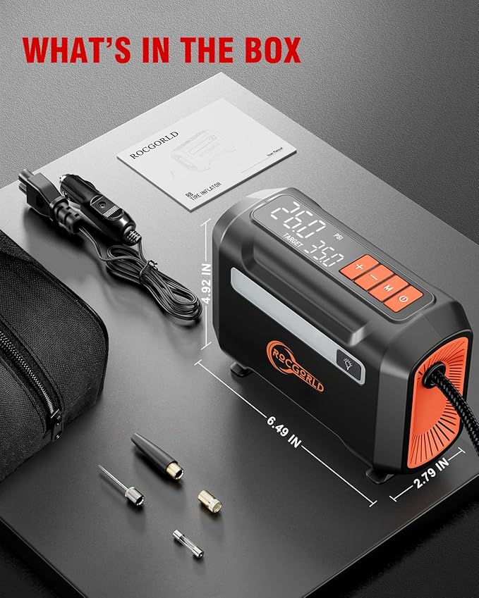 ROCGORLD R8 Tire Inflator Portable Air Compressor, DC 12V Air Compressor for Car with Large Dual Digital Screen, 3X Faster Inflation Air Pump for Car Tires, Bike, Ball, Motor - Car Accessories