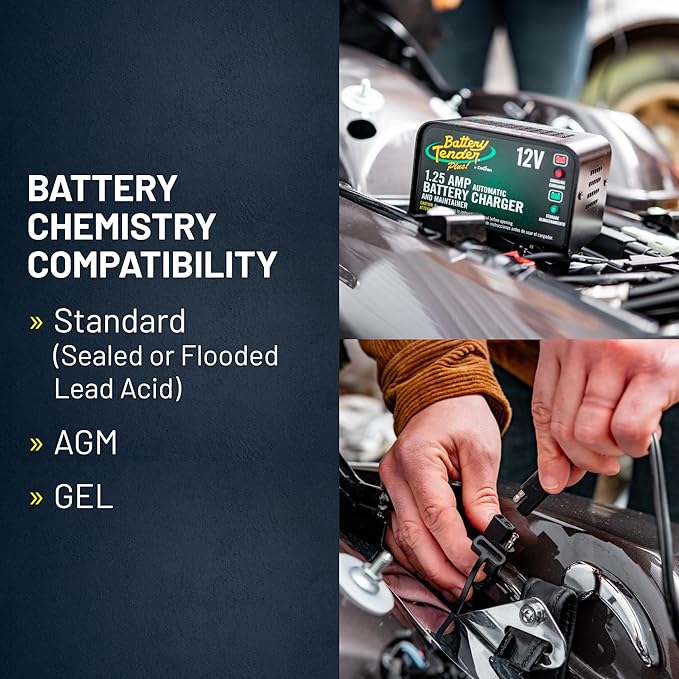 Battery Tender Plus 12V 1.25 AMP Car & Motorcycle Battery Charger and Maintainer, Float Charge for Automotive, and ATVs - Smarter Than a Trickle Charger