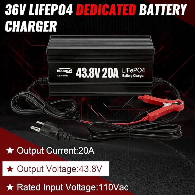 36V 20A LiFePO4 Battery Charger, 43.8V Lithium Battery Charger, Fast Charging, Over-Current and Over-Voltage Protection for 36V Lithium Iron Phosphate Batteries
