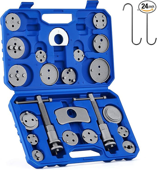 Orion Motor Tech 24pc Brake Caliper Compression Tool Set, Heavy Duty Brake Piston Compressor Tool and Wind Back Tool Kit for Brake Pad Replacement, Universal Disc Brake Caliper Tool Set with Blue Case