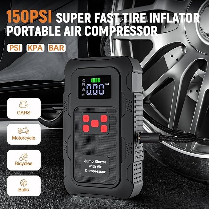 5000A Jump Starter with Air Compressor,A1 Car Jumper Starter with 150PSI Tire Inflator 12V Jump Box with LCD Display,Flashlight,Storage Case (Up 10L Gas/8L Diesel Engine