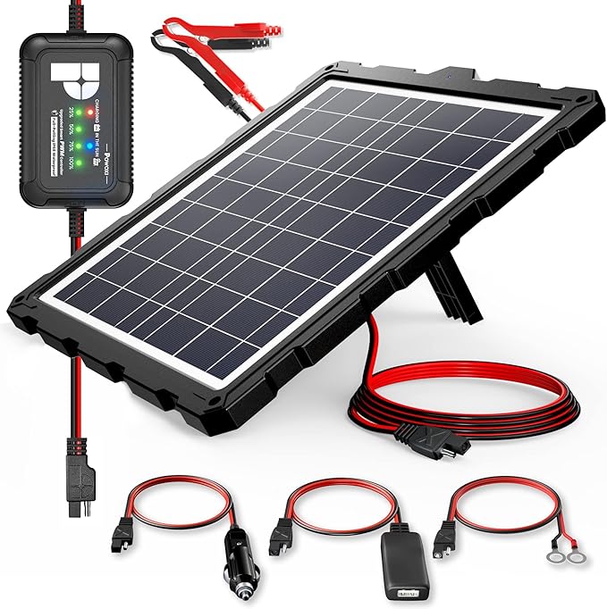 POWOXI-Upgraded-20W-Solar-Battery-Charger-Maintainer, External Smart 3-Stages PWM Charge Controller, 12V Solar Panel Trickle Charging Kit for Car, Marine, Motorcycle, RV, etc