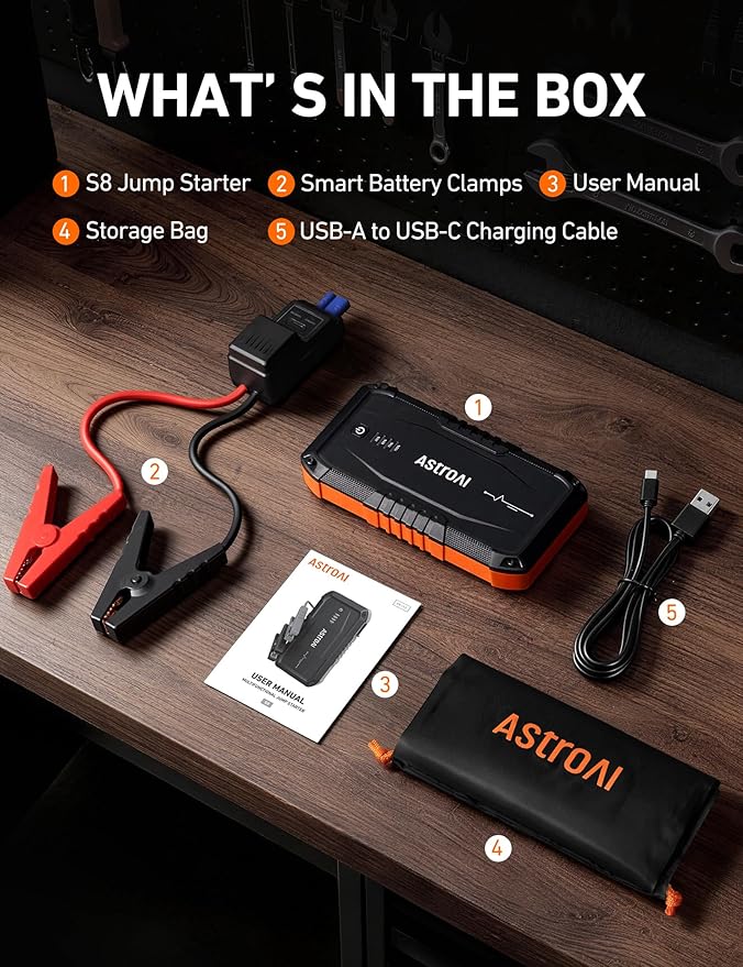 AstroAI S8 Car Battery Jump Starter, Car Jumper Starter Battery Pack for Up to 6.0L Gas & 3.0L Diesel Engines, 12V Portable Jump Box with 3 Modes Flashlight and Jumper Cable (Orange)
