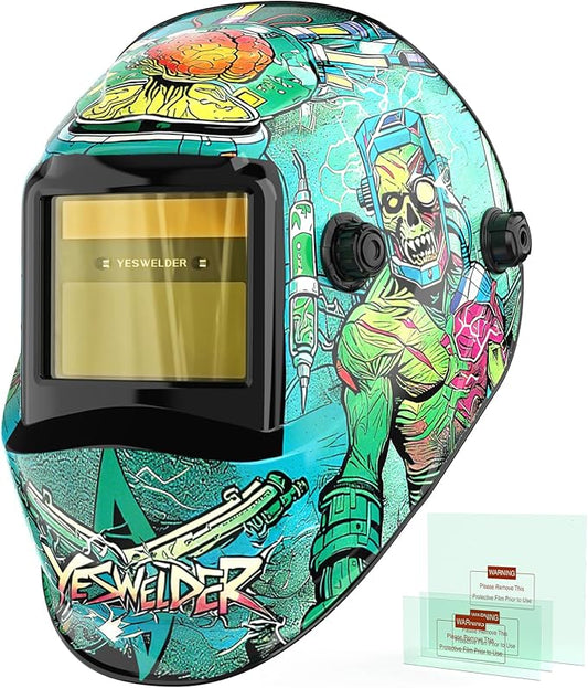 YESWELDER Auto Darkening Welding Helmet, Blue Light Blocking, 1/1/1/1 True Color Solar Powered Welding Hood with 2 Arc Sensors, Wide Shade 3.5/9-14 Welder Mask for TIG MIG ARC and Grind