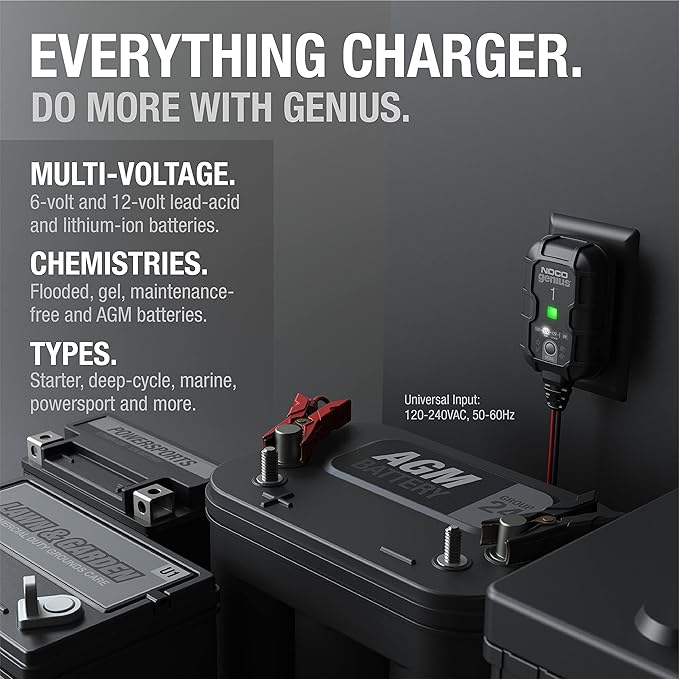 NOCO GENIUS1: 1A 6V/12V Smart Battery Charger – Automatic Maintainer, Trickle Charger & Desulfator with Overcharge Protection & Temperature Compensation – for Lead-Acid & Lithium Batteries