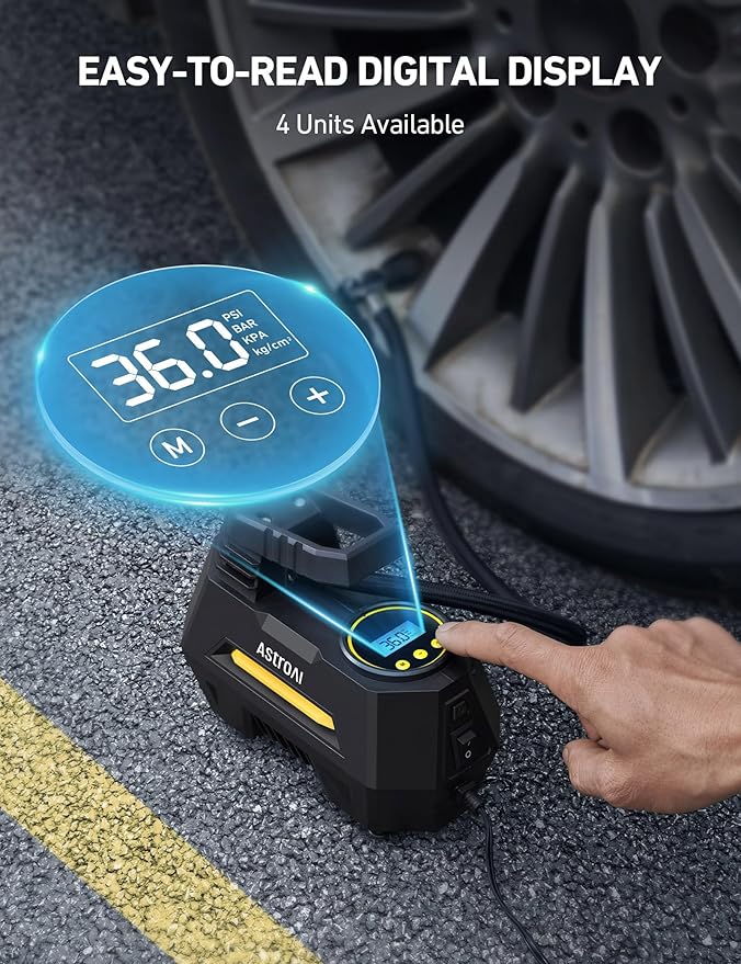 AstroAI AIRUN H1 Tire Inflator Portable Air Compressor Air Pump for Car Tires-Car Accessories, 9.8Ft Cord-12V DC-Powered Auto Pump with Digital Pressure Gauge, LED Light for Bicycle, Balloons, Yellow