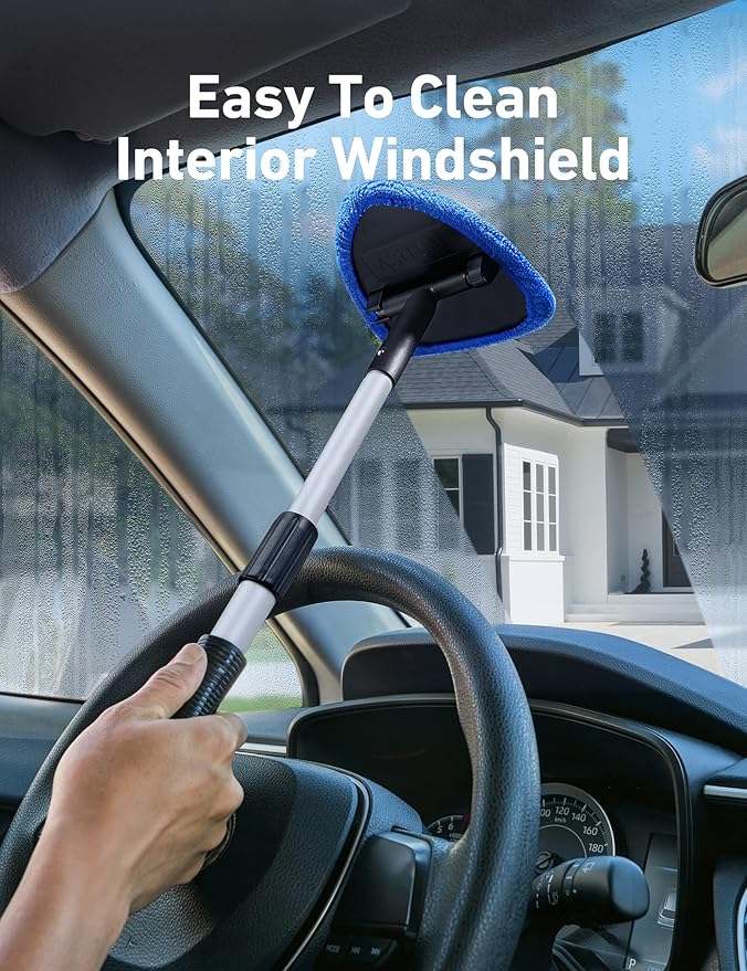 AstroAI 32" Windshield Cleaner Tool, Car Interior Window Detailing Cleaning Kit with Extendable Handle and 4 Easy-to-Install Reusable Microfiber Pads, Auto Glass Wiper Brush Kit for Car&Home, Blue