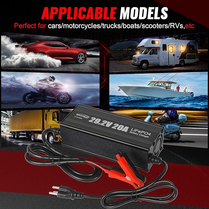 24V 20A LiFePO4 Battery Charger, 29.2V Lithium Battery Charger, Fast Charging, Over-Current and Over-Voltage Protection for 24V Lithium Iron Phosphate Batteries