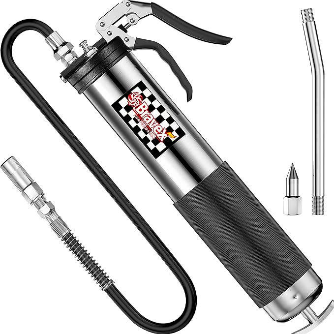 Bravex Heavy Duty Professional Pistol Grip Grease Gun 6000 PSI - 18 inch Flex Hose …