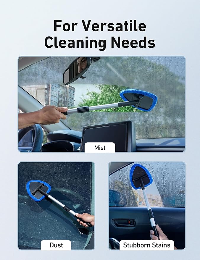 AstroAI 32" Windshield Cleaner Tool, Car Interior Window Detailing Cleaning Kit with Extendable Handle and 4 Easy-to-Install Reusable Microfiber Pads, Auto Glass Wiper Brush Kit for Car&Home, Blue