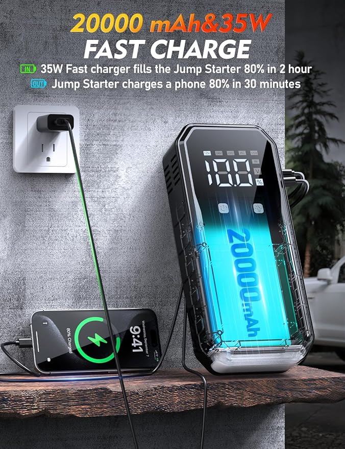 Sharmeal 21-in-1 8000A Jump Starter, 20000mAh Car Booster Pack with PD 35W Super Fast Charging, 12V Jump Starter Battery Pack for All Gas and 12.0L Diesel, Portable Jump Box with LED Light