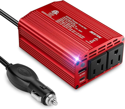 BESTEK Power Inverter DC 12V to AC 110V - 300W Car Plug Adapter Outlet with PD30W Type C & 18W USB A Port - Car Charger Cigarette Lighter Adapter for Phone, Laptop on Road Trip - Aluminum Housing