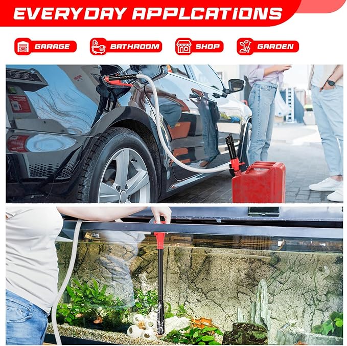 Portable Transfer Pump Battery Operated Electric Siphon Pump for Gas, Fuel, Diesel, Water Transfer 2.4 GPM Flow Oil Extractor, 47 Inches Hose-Easy to Use Hand Fuel Pump, Multi-Use Transfer Pump(Red)