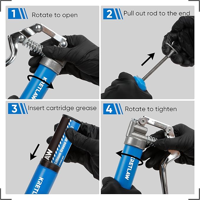 KRETLAW Mini Grease Gun (3000PSI) with Double 3oz Cartridge Grease and 12'' Flex Hose, Reinforced Coupler for Automotive,Marine