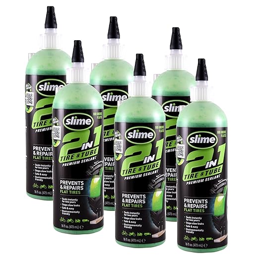 Slime 10193-6PK 2-in-1 Tire and Tube Sealant Puncture Repair Sealant, Premium, Prevent and Repair, Suitable for Non-Highway Tires and Tubes, Non-Toxic, Eco-Friendly, 6 x 16oz Bottles