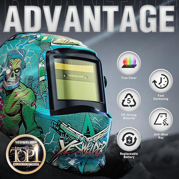 YESWELDER Auto Darkening Welding Helmet, Blue Light Blocking, 1/1/1/1 True Color Solar Powered Welding Hood with 2 Arc Sensors, Wide Shade 3.5/9-14 Welder Mask for TIG MIG ARC and Grind