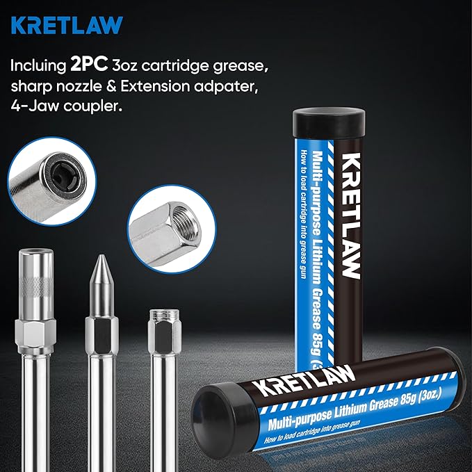 KRETLAW Mini Grease Gun (3000PSI) with Double 3oz Cartridge Grease and 12'' Flex Hose, Reinforced Coupler for Automotive,Marine