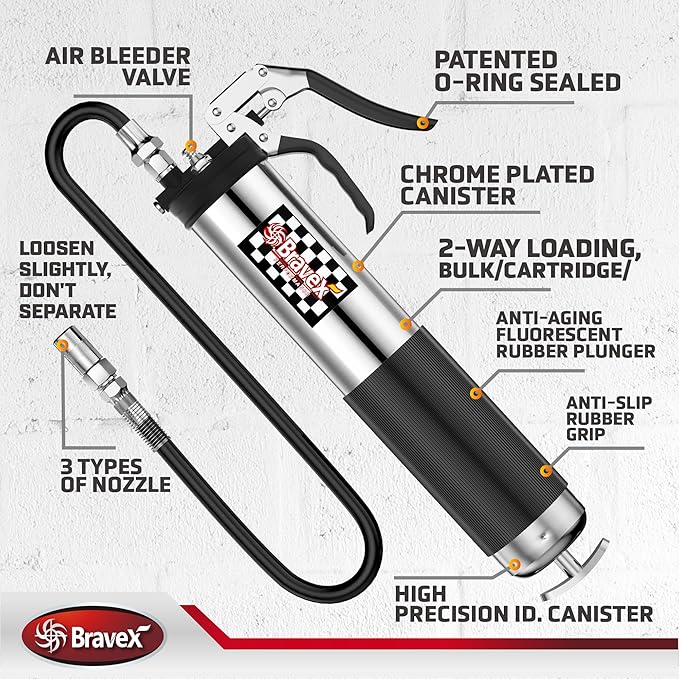 Bravex Heavy Duty Professional Pistol Grip Grease Gun 6000 PSI - 18 inch Flex Hose …
