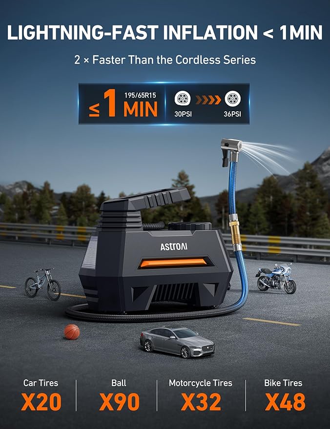 AstroAI AIRUN H Tire Inflator Portable Air Compressor Air Pump for Car Tires-Car Accessories, 9.8Ft Cord-12V DC-Powered Auto Pump with Digital Pressure Gauge, LED Light for Bicycle, Balloons, Orange
