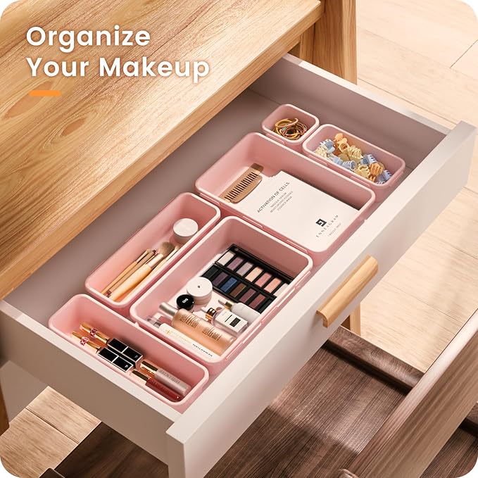 【Military Grade】A-LuGei Drawer Organizer,【𝟱𝗦𝗶𝘇𝗲】Makeup organizer,【Holds 177 Items】Bathroom Organizers and Storage,Organization and Storage,Desk Drawer Organizer for Vanity【Pink】