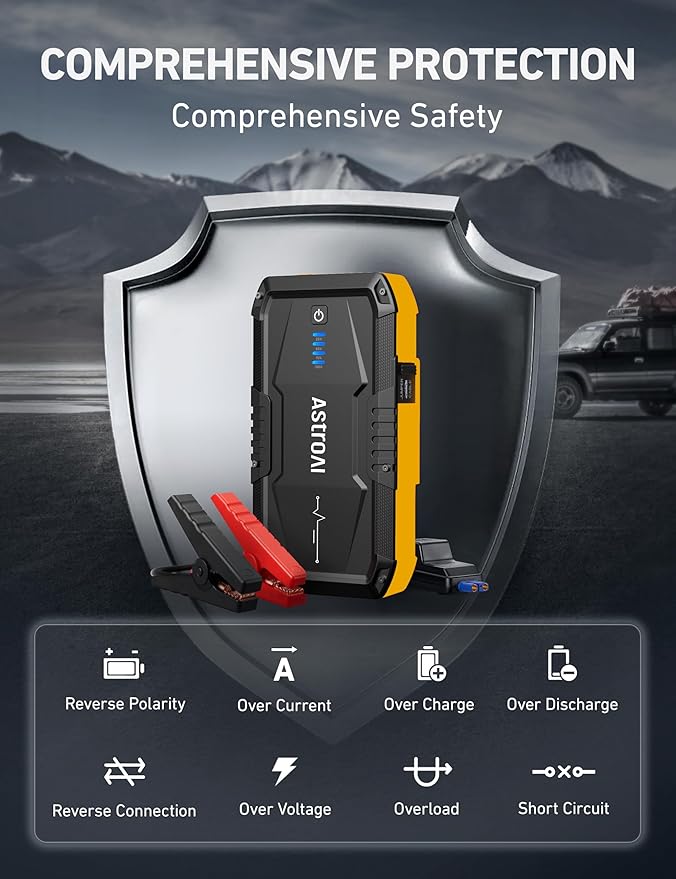 AstroAI S8 Car Battery Jump Starter, Car Jumper Starter Battery Pack for Up to 6.0L Gas & 3.0L Diesel Engines, 12V Portable Jump Box with 3 Modes Flashlight and Jumper Cable(Yellow)