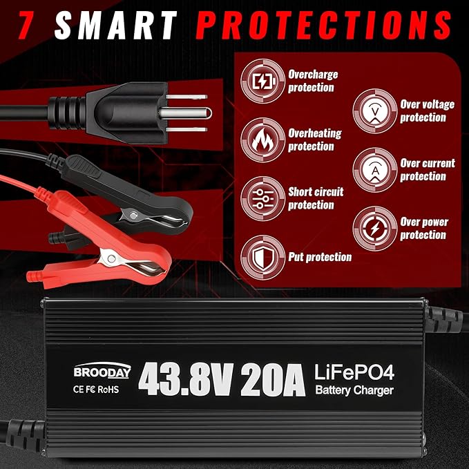36V 20A LiFePO4 Battery Charger, 43.8V Lithium Battery Charger, Fast Charging, Over-Current and Over-Voltage Protection for 36V Lithium Iron Phosphate Batteries