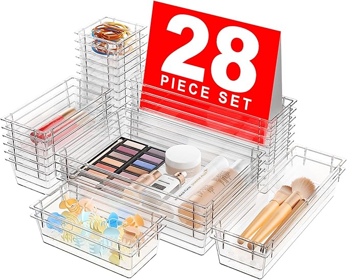 【Military Grade】A-LuGei Drawer Organizer,【𝟱𝗦𝗶𝘇𝗲】Makeup organizer,【Holds 177 Items】Bathroom Organizers and Storage,Organization and Storage,Desk Drawer Organizer for Vanity【Clear】