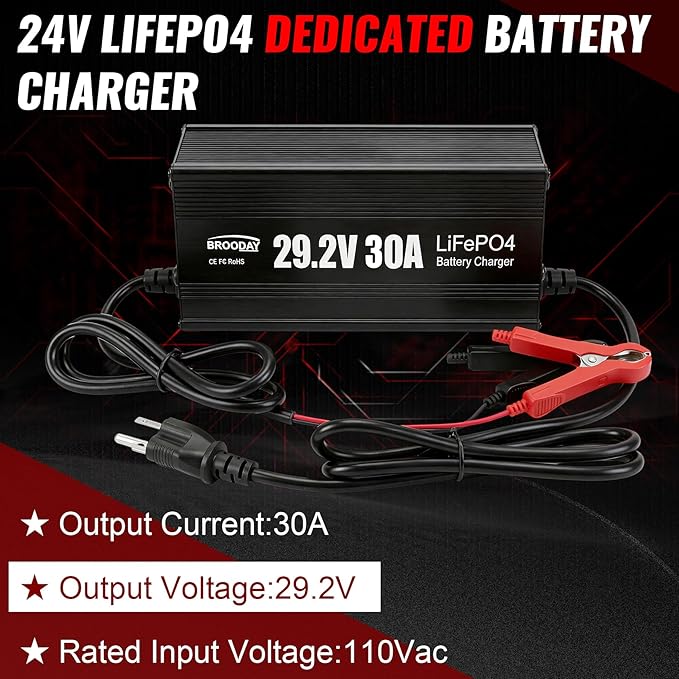 24V 30A LiFePO4 Battery Charger, 29.2V Lithium Battery Charger, Fast Charging, Over-Current and Over-Voltage Protection for 24V Lithium Iron Phosphate Batteries