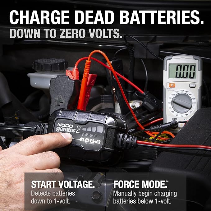 NOCO GENIUS2: 2A 6V/12V Smart Battery Charger – Automatic Maintainer, Trickle Charger & Desulfator with Overcharge Protection & Temperature Compensation – for Lead-Acid & Lithium Batteries