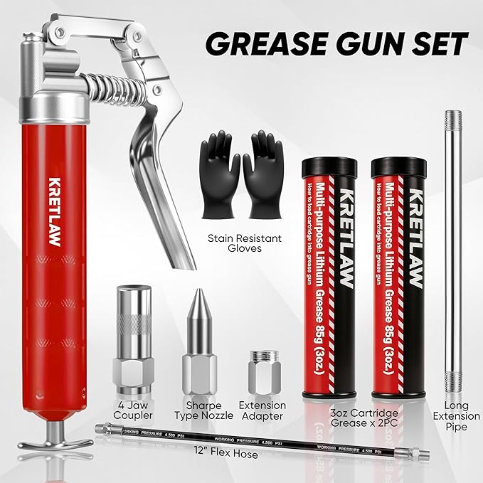 KRETLAW Mini Grease Gun (3000PSI) with Double 3oz Cartridge Grease and 12'' Flex Hose, Reinforced Coupler for Automotive, Red