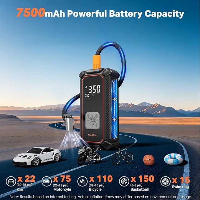 OlarHike Tire Inflator Portable Air Compressor, Battery Powered, 7500mAh, Dual Mode, Auto Air Pump for Car Tires, Motorcycle, Bicycle, Electric Pump with LED Light & Digital Pressure Gauge