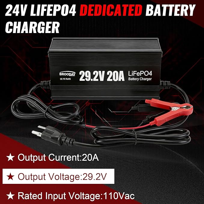 24V 20A LiFePO4 Battery Charger, 29.2V Lithium Battery Charger, Fast Charging, Over-Current and Over-Voltage Protection for 24V Lithium Iron Phosphate Batteries