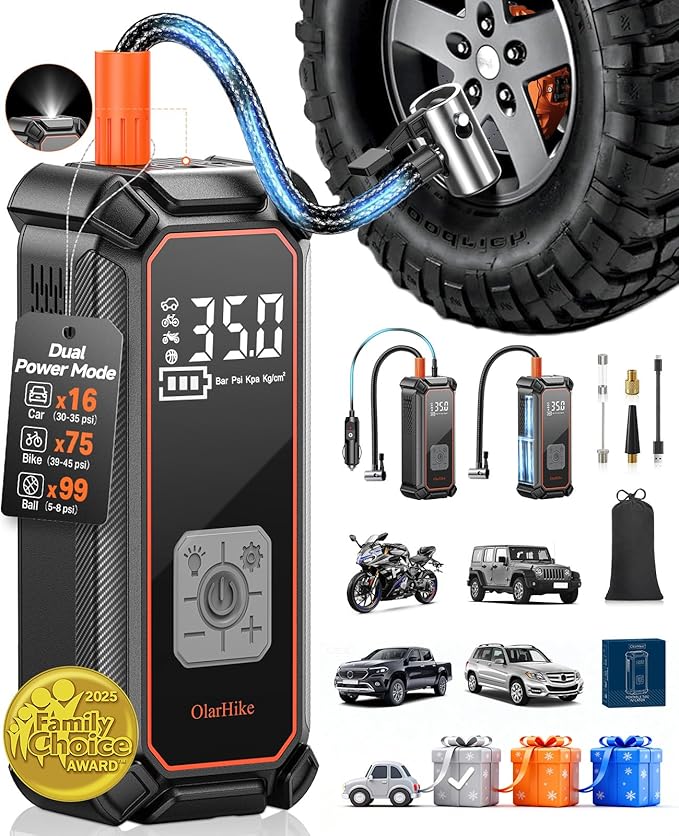 OlarHike Cordless Tire Inflator Portable Air Compressor, Dual Power - 5400 mAh & 12V DC, Air Pump for Car Tires, Bike, Motorcycle, Bicycle, Electric Pump with LED Light & Digital Pressure Gauge