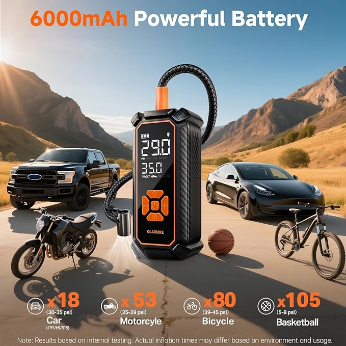 OlarHike Tire Inflator Portable Air Compressor, Dual Power - 6000mAh & 12V DC, Cordless Air Pump for Car Tires, Bikes, Motorcycle, Balls with LED & Digital Pressure Gauge, Auto Shut-off