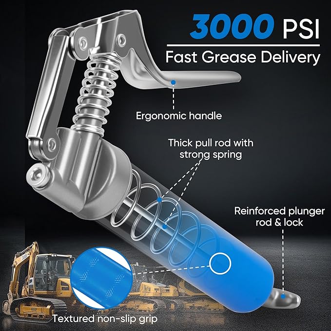 KRETLAW Mini Grease Gun (3000PSI) with 3oz Cartridge Grease and 12'' Flex Hose, Grease Gun Coupler, Grease Injector Needles, Marine