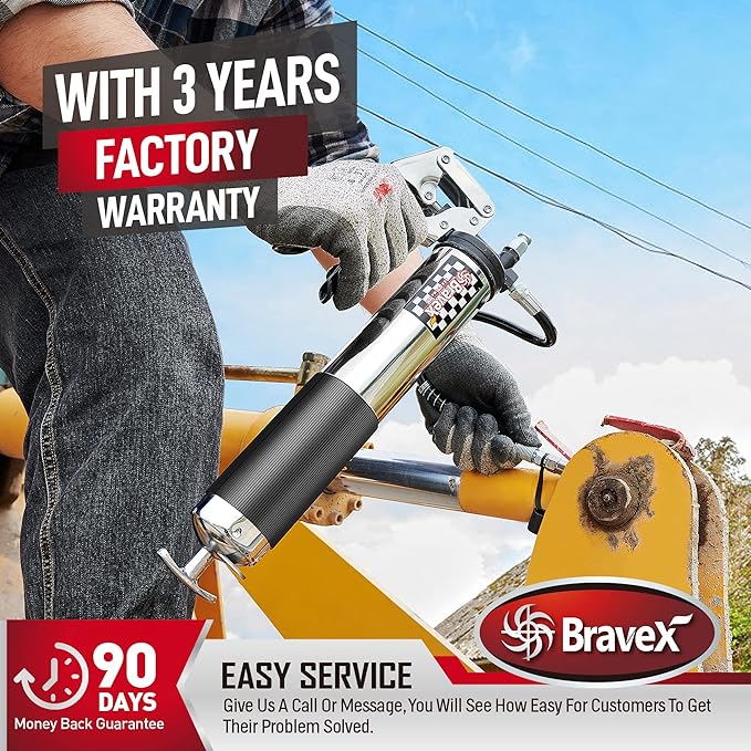 Bravex Heavy Duty Professional Pistol Grip Grease Gun 6000 PSI - 18 inch Flex Hose …