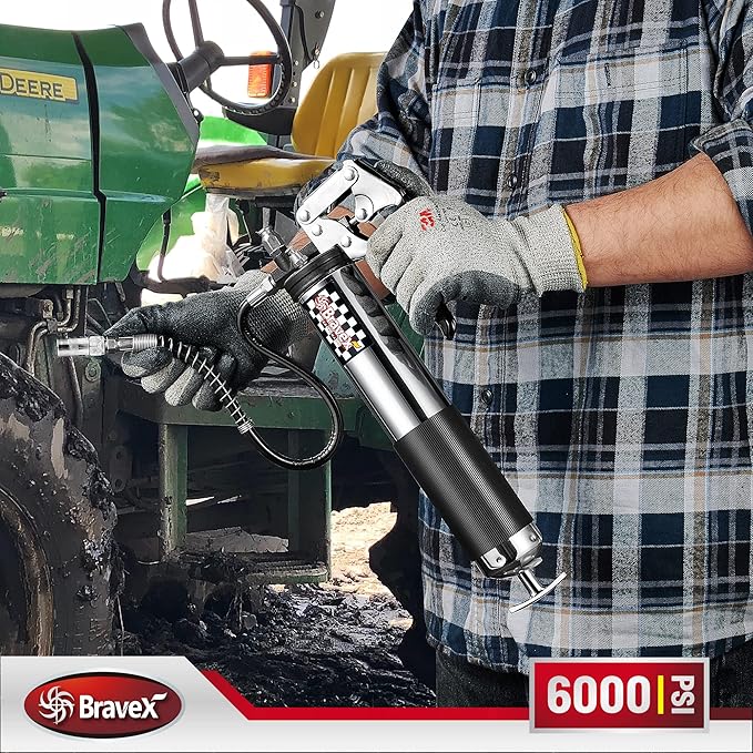 Bravex Pistol Grip Grease Gun Heavy Duty Professional 6000 PSI W/Quick Release Coupler - 18 inch Flex Hose