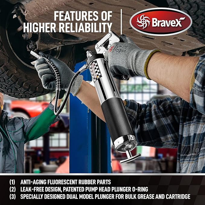 Bravex Heavy Duty Professional Pistol Grip Grease Gun 6000 PSI - 18 inch Flex Hose …