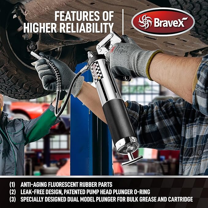 Bravex Pistol Grip Grease Gun Heavy Duty Professional 6000 PSI W/Quick Release Coupler - 18 inch Flex Hose