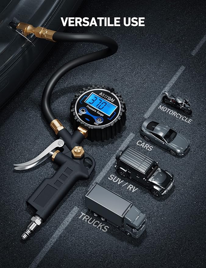 AstroAI Digital Tire Pressure Gauge with Inflator, 3-250 PSI Air Chuck & Compressor Accessories Heavy Duty with Quick Connect Coupler, 0.1 Display Resolution, 2pack