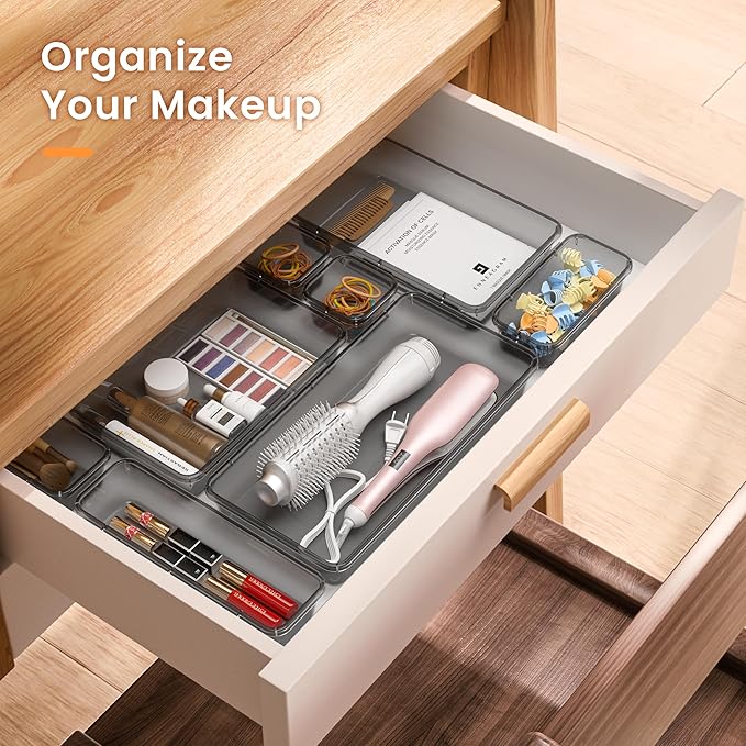 【Military Grade】A-LuGei Drawer Organizer,【𝟱𝗦𝗶𝘇𝗲】Makeup organizer,【Holds 177 Items】Bathroom Organizers and Storage,Organization and Storage,Desk Drawer Organizer for Vanity【Clear Black】